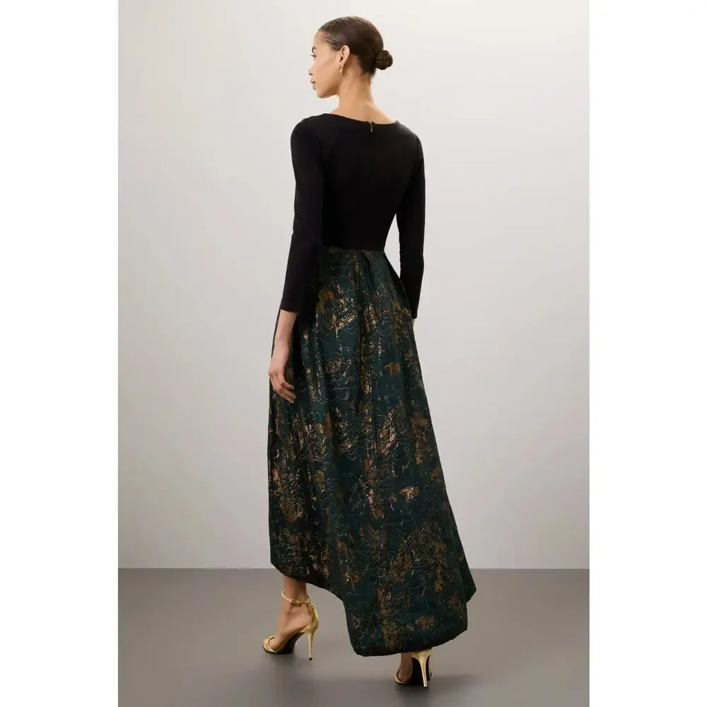 Hutch Marilyn Dress Long Sleeve Floral Jacquard Skirt Hi Lo Gown Black Green 14W